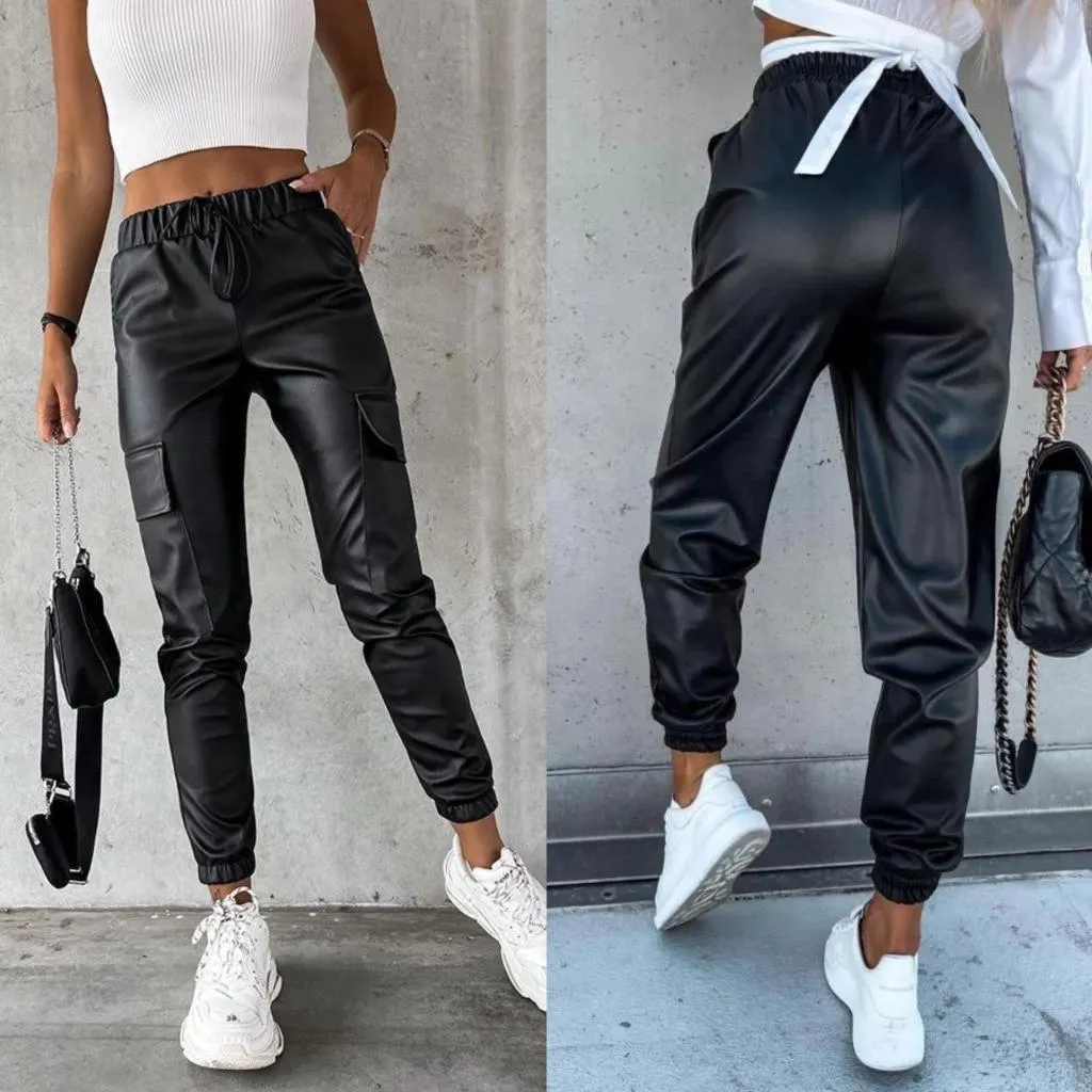 Pantalone Eco Pelle Coulisse e Tasche Alle Laterali Gambe