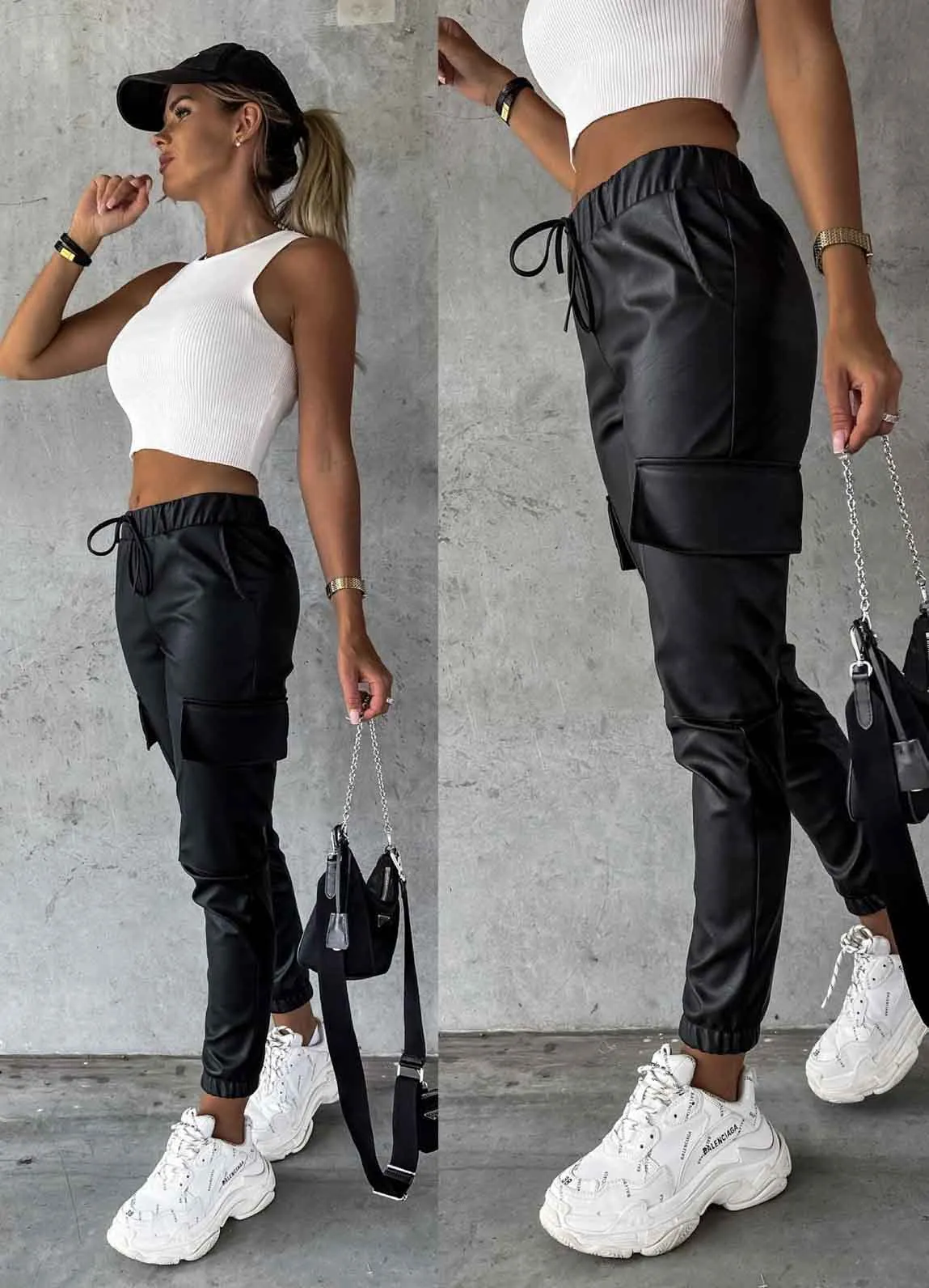 Pantalone Eco Pelle Coulisse e Tasche Alle Laterali Gambe