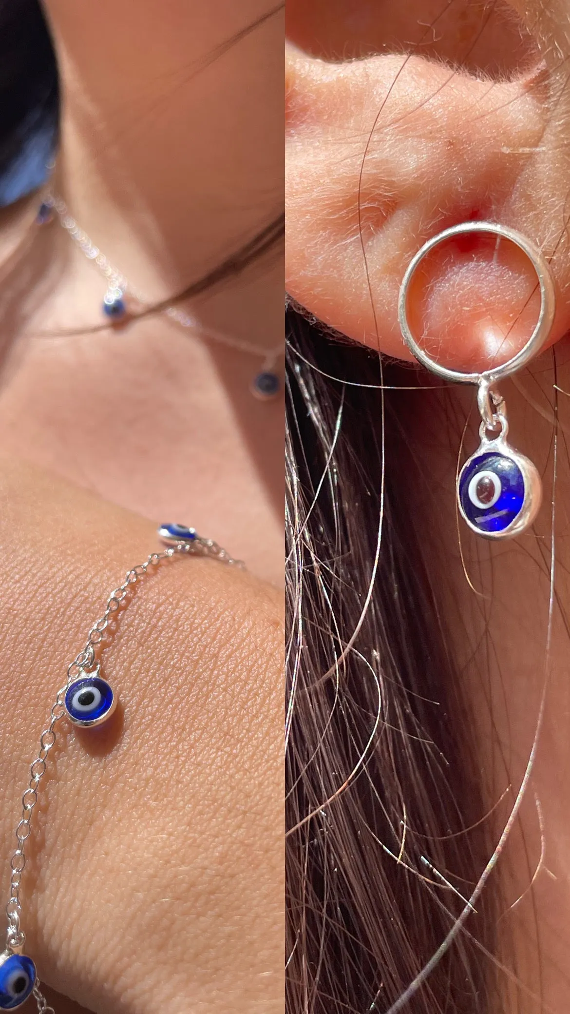 Set collana, bracciale e orecchini con occhio di Allah blu